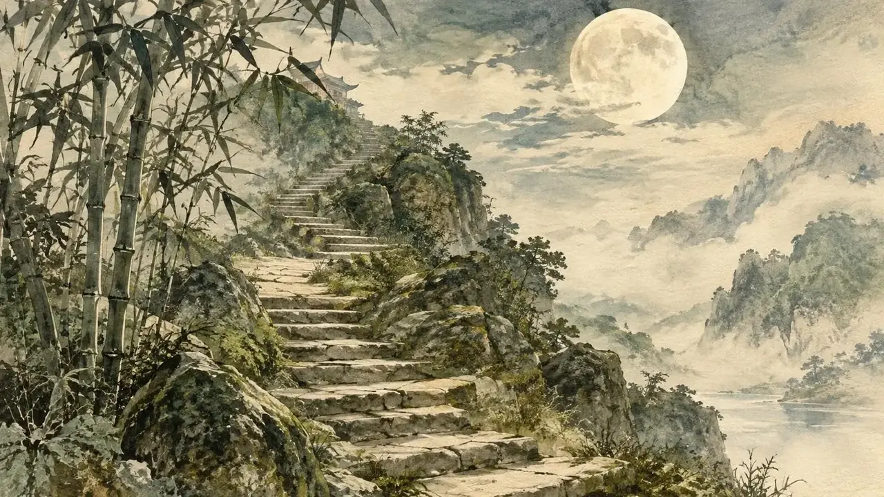 石阶上的月光 · 黄果短剧夜间模式精选 石阶上的月光 黄果短剧夜间模式场景插画