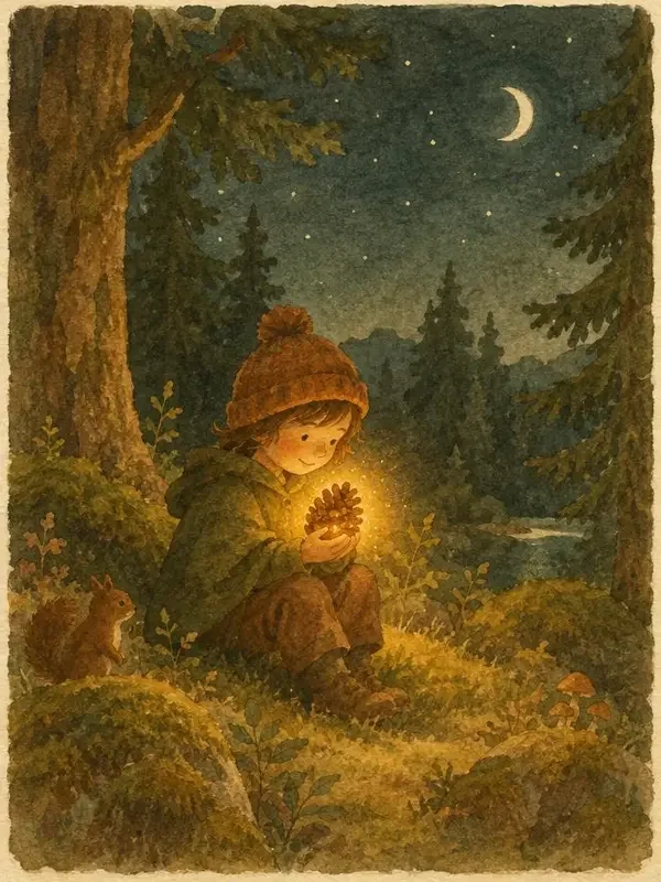 会发光的松果 · 黄果短剧夜间模式 会发光的松果 短剧封面插画 - 亲子童话题材